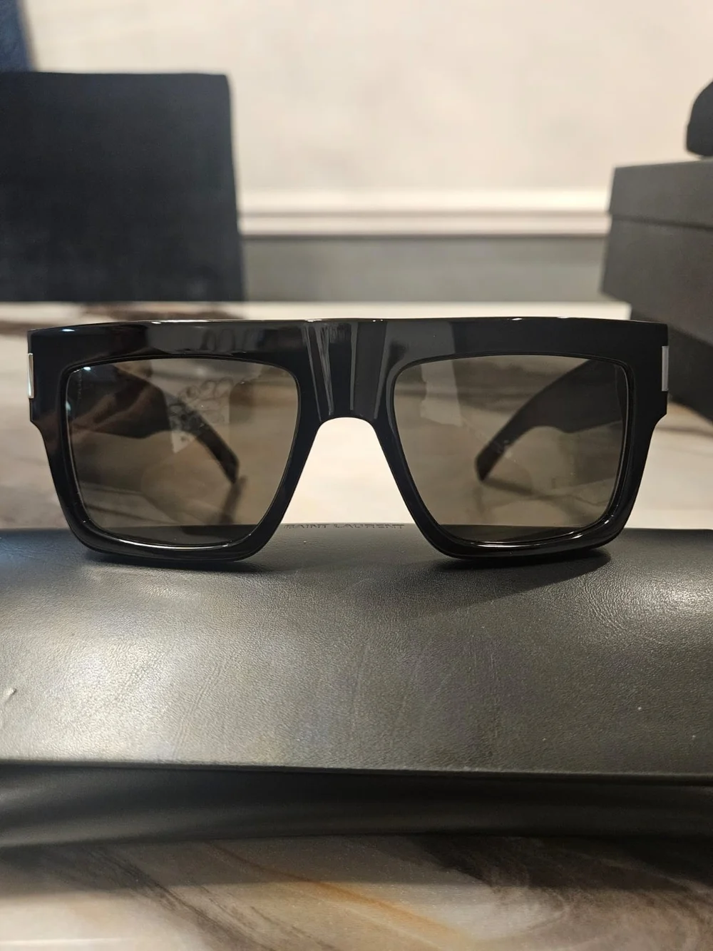 Saint Laurent Glossy Black Shield Sunglasses with Silver Temple Logo